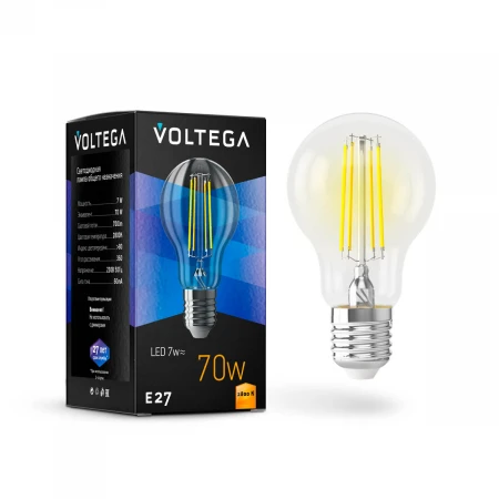 Лампа светодиодная Voltega E27 7W 2800K прозрачная VG10-A60E27warm7W-F 7140