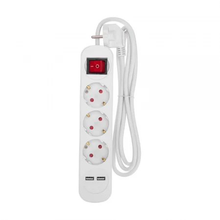 Удлинитель STANDARD 3 гнезда, 1,5м, 3х1,0мм², с/з, с выключателем, 2 USB, белый REXANT 13-4015